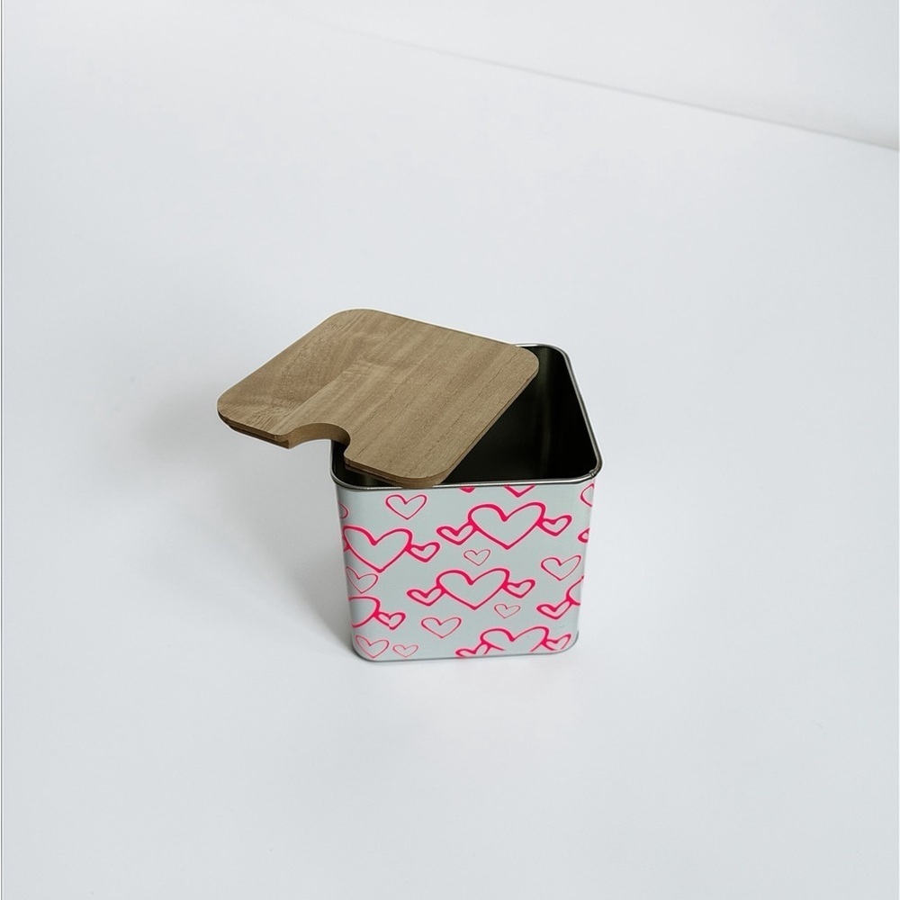 Heart Patterned Storage Tin with Wooden Lid